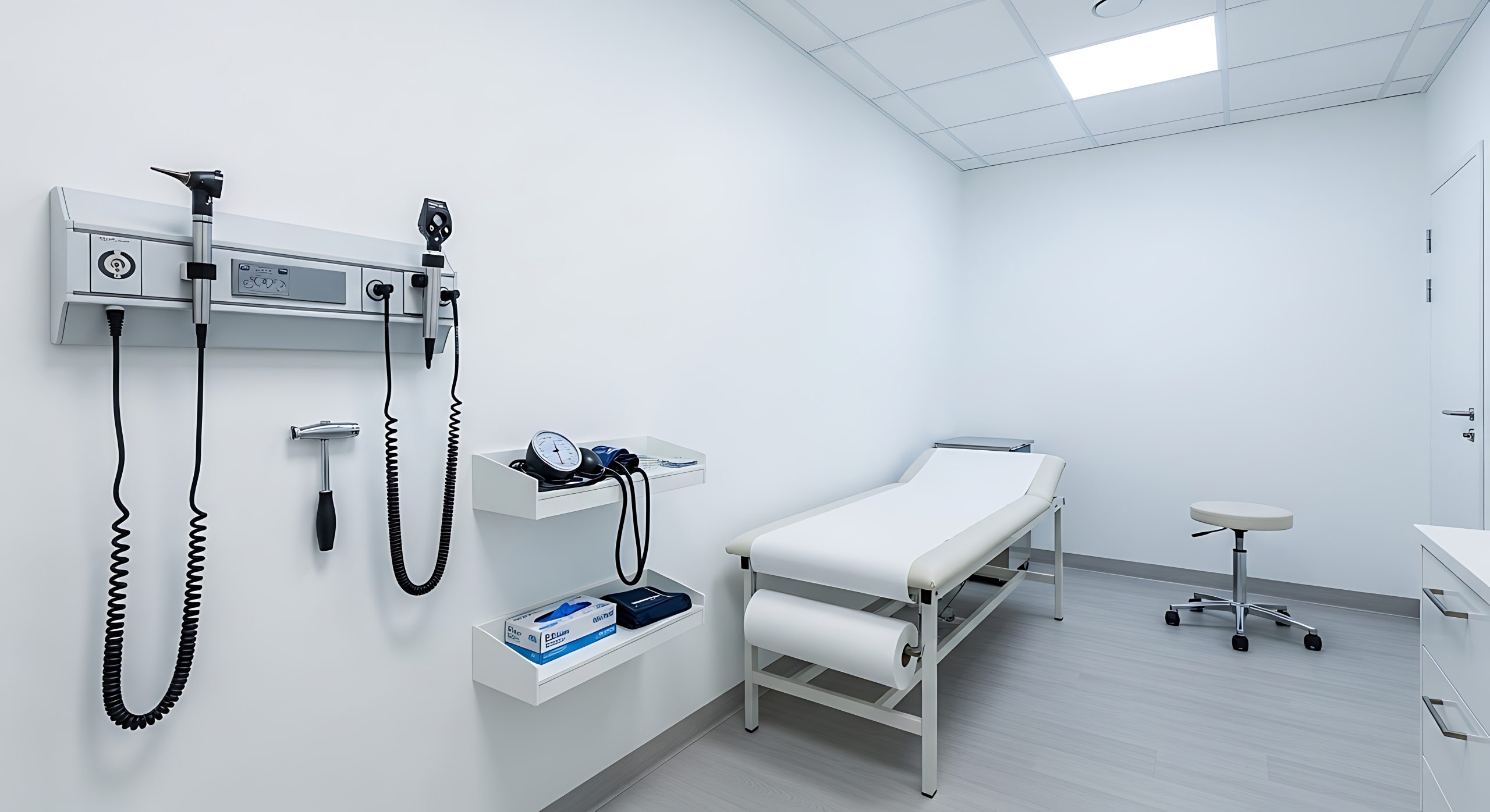 Modern medical examination room with diagnostic equipment on a clean white wall and an empty patient bed