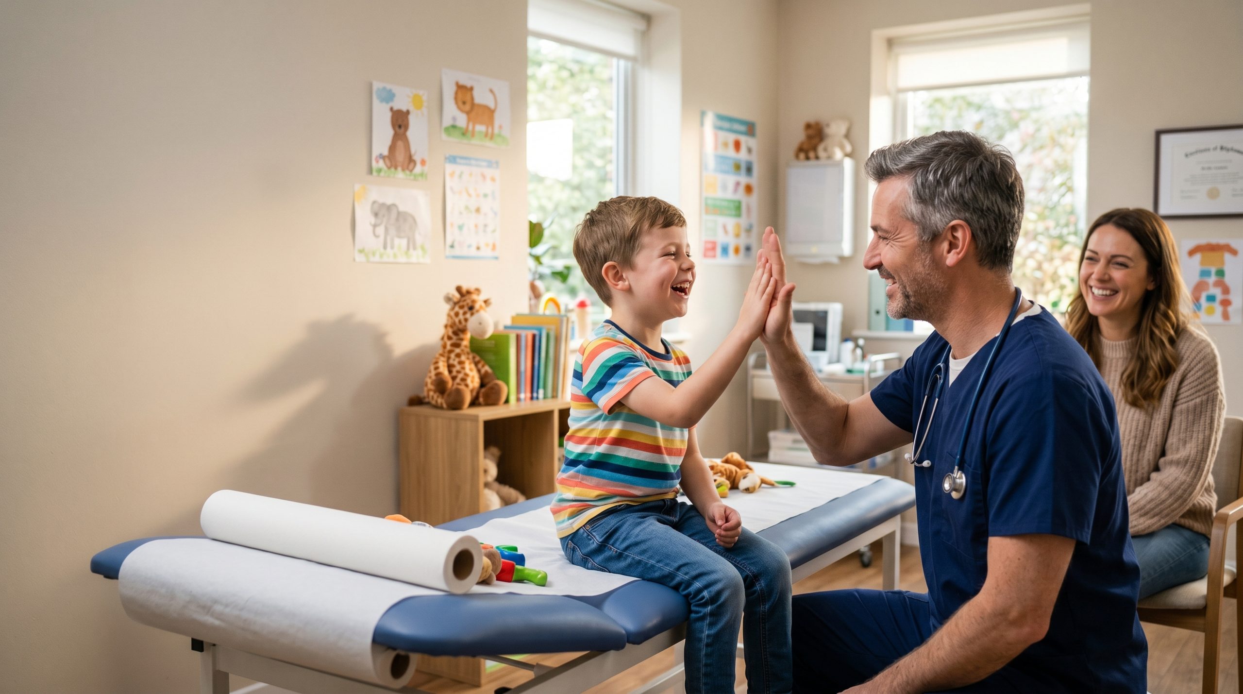 Friendly Pediatrician High Fives Laughing Child in Clinic